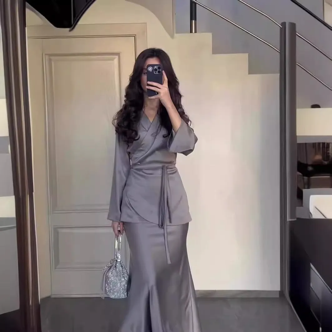 Satin Waist-Accented Long Dress Suit