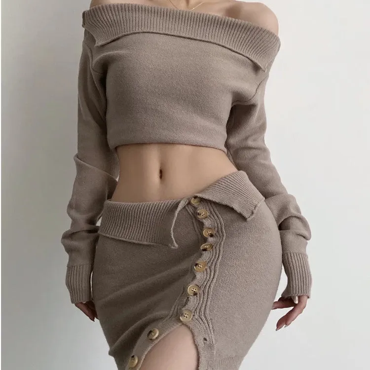 Sexy Off-Shoulder Knitted High-Waist Suit