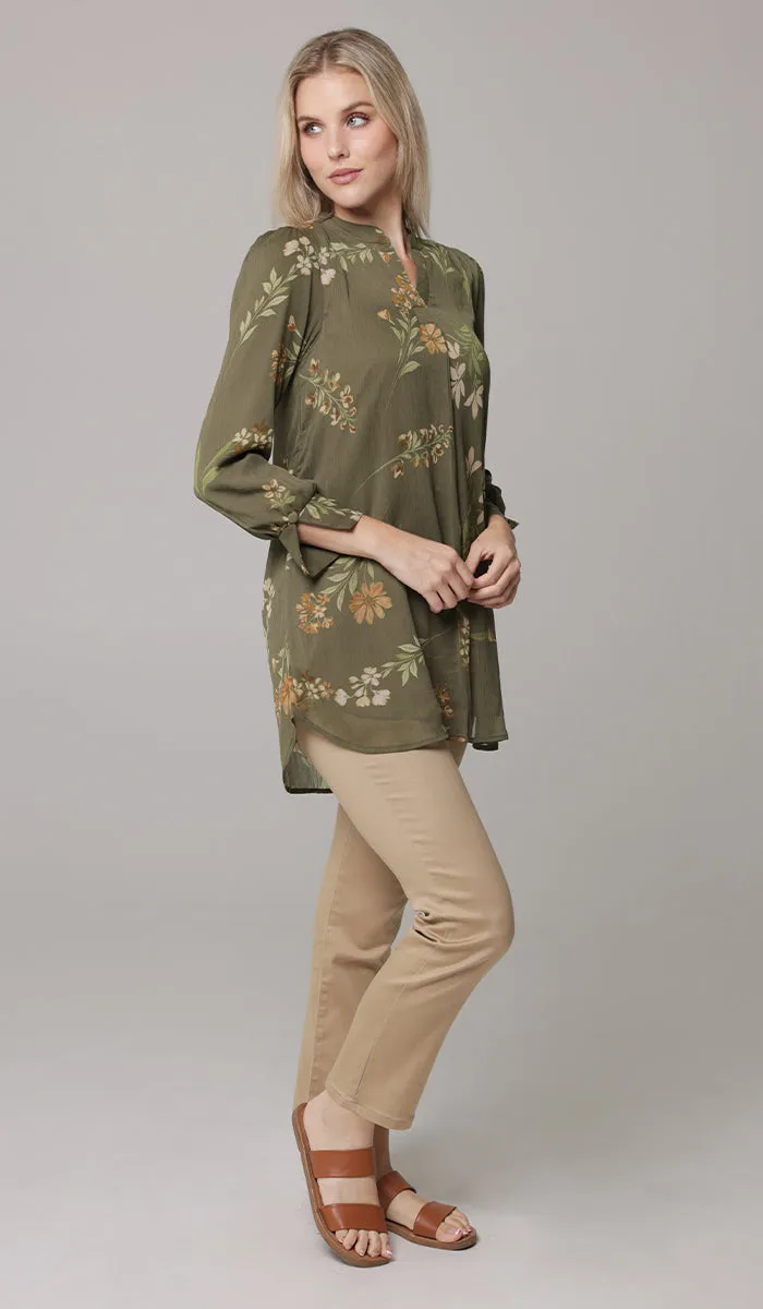 Shaina Long Chiffon Print Modest Top - Olive