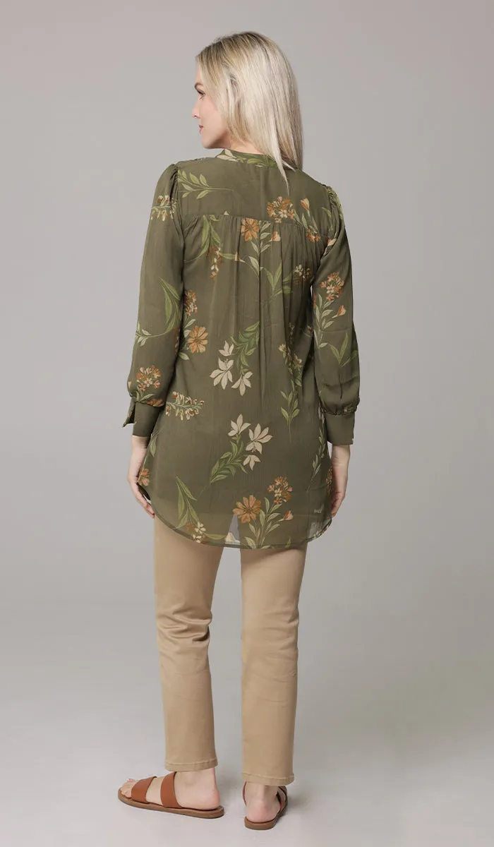 Shaina Long Chiffon Print Modest Top - Olive