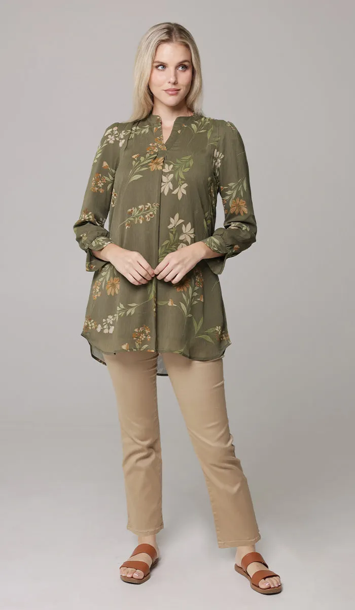 Shaina Long Chiffon Print Modest Top - Olive