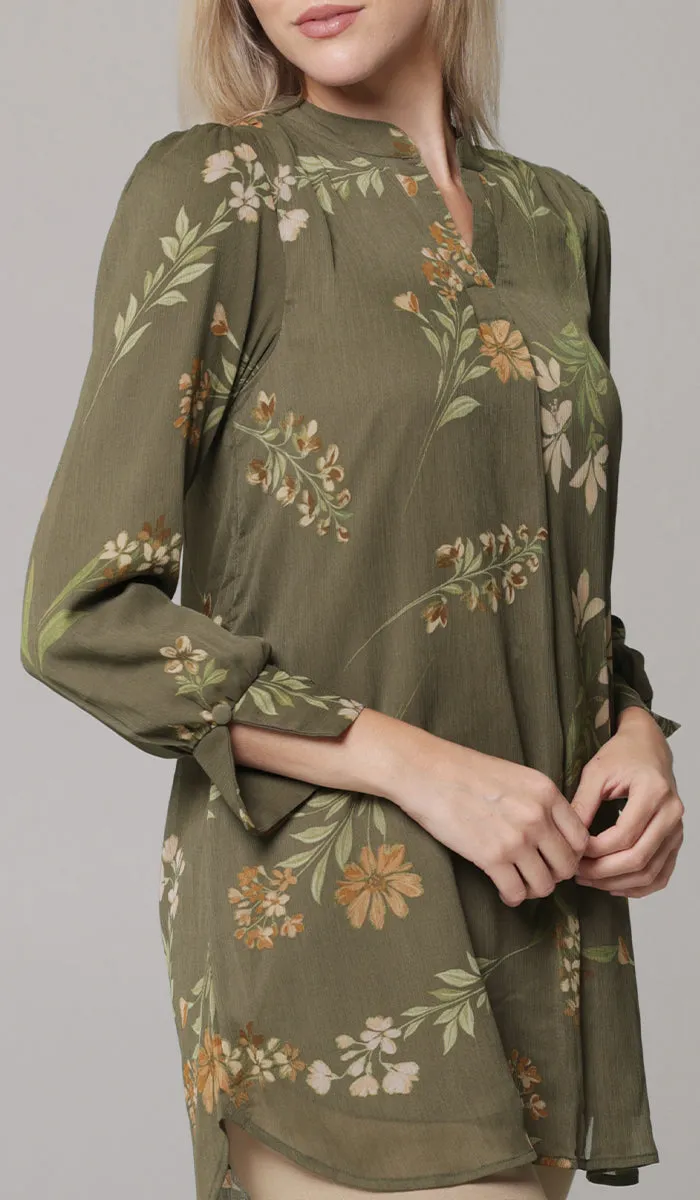 Shaina Long Chiffon Print Modest Top - Olive