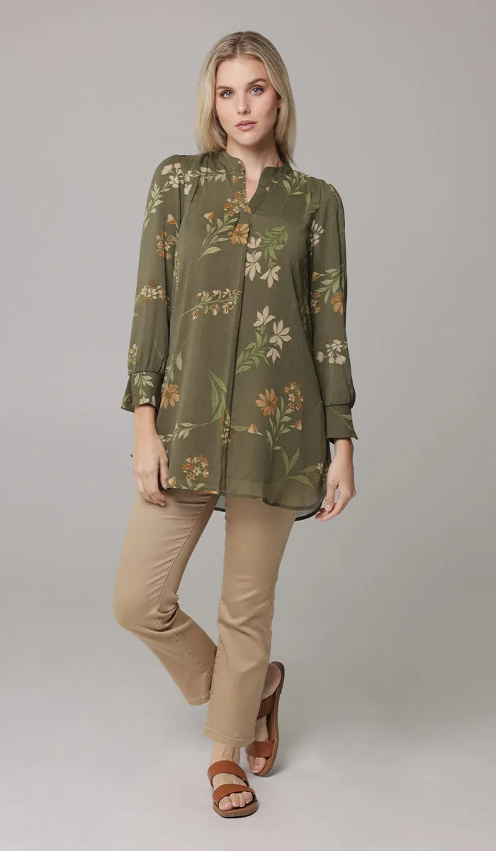 Shaina Long Chiffon Print Modest Top - Olive