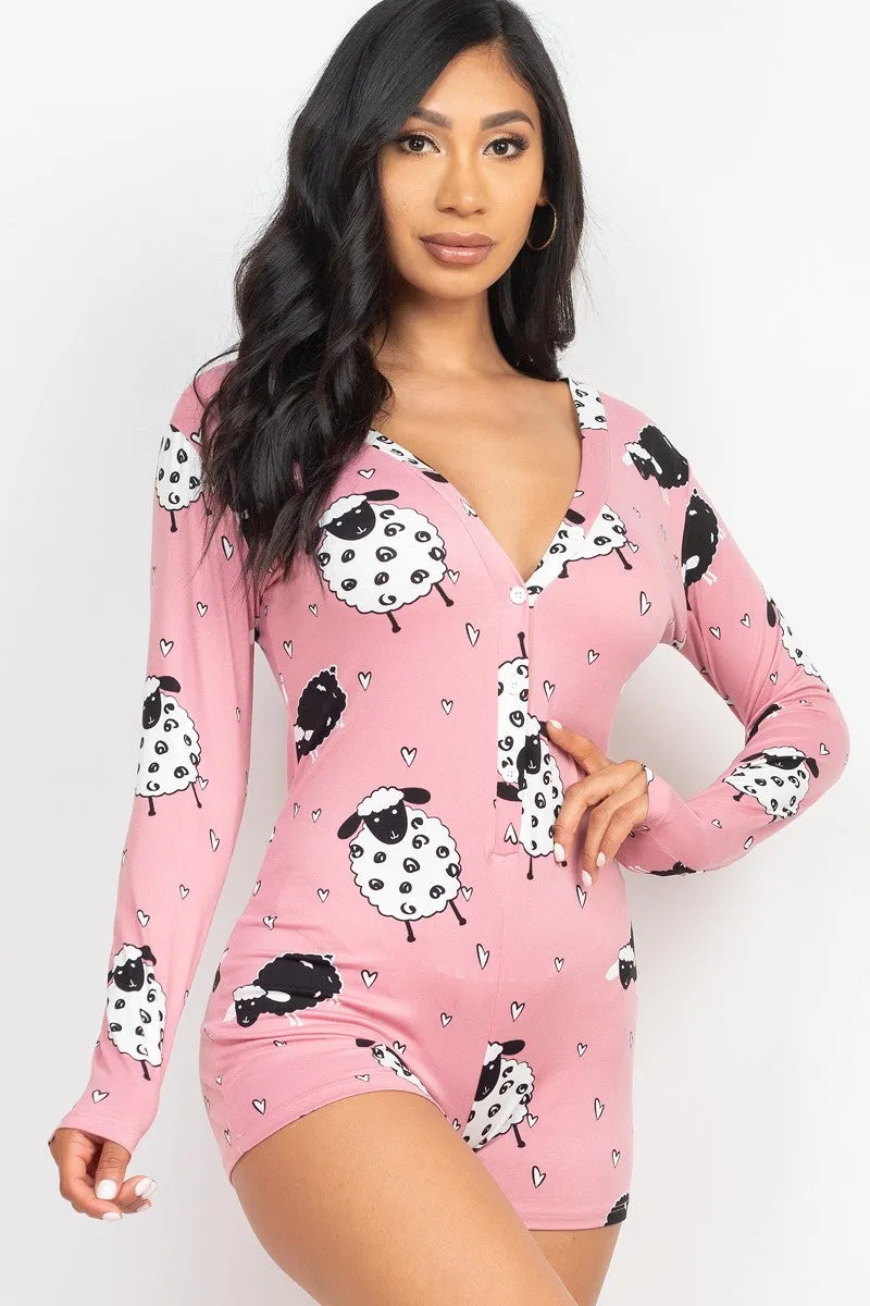 Sheep Print V-neck Button Romper - 4 colors - Ships from The US