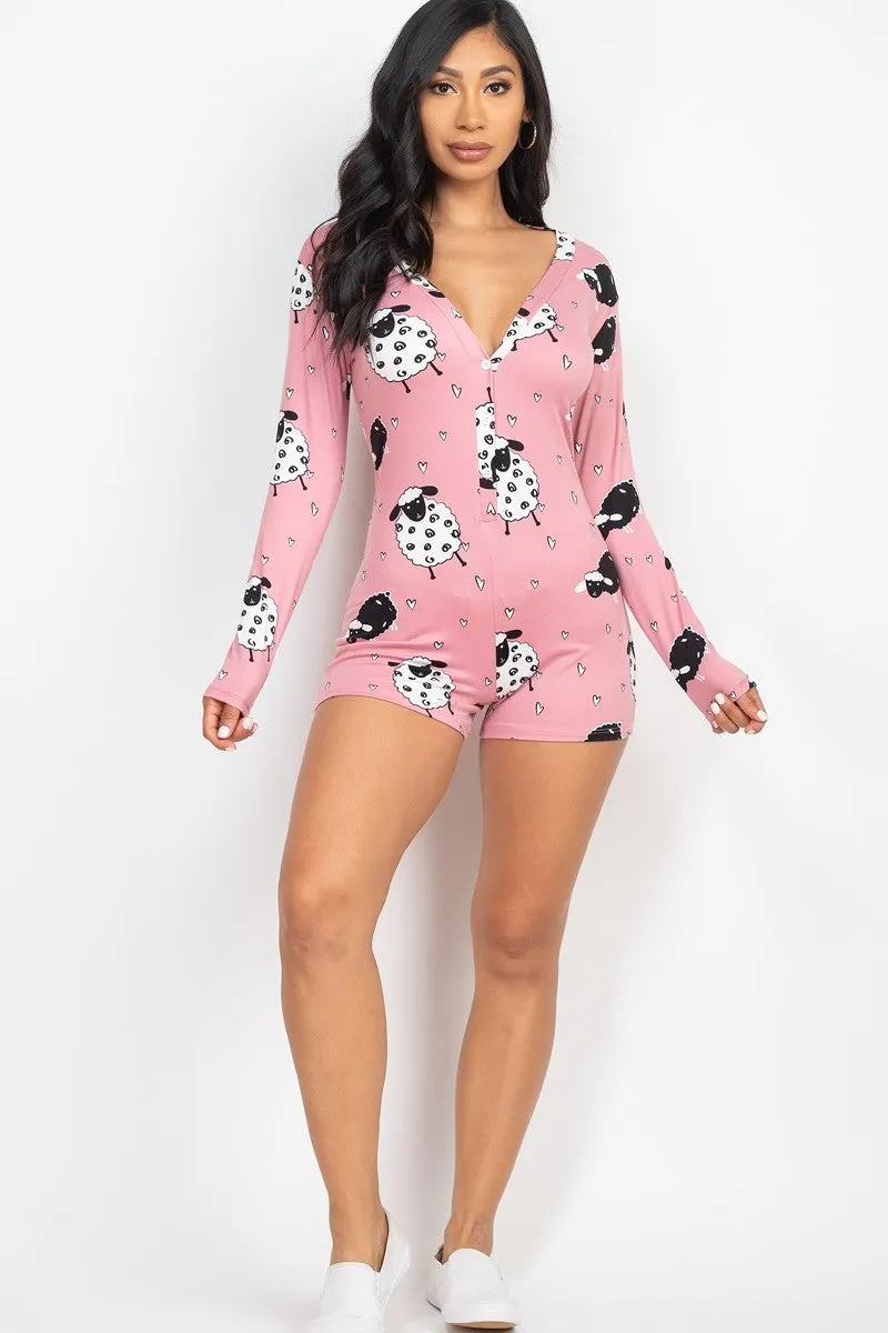 Sheep Print V-neck Button Romper - 4 colors - Ships from The US