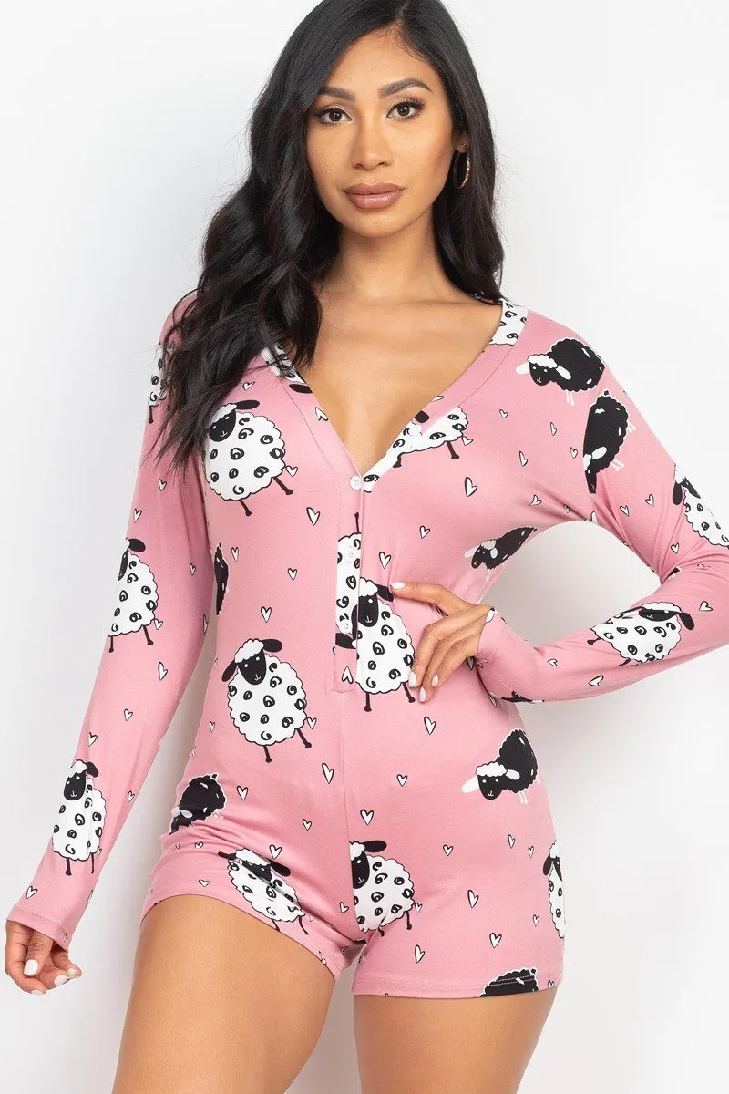 Sheep Print V-neck Button Romper - 4 colors - Ships from The US