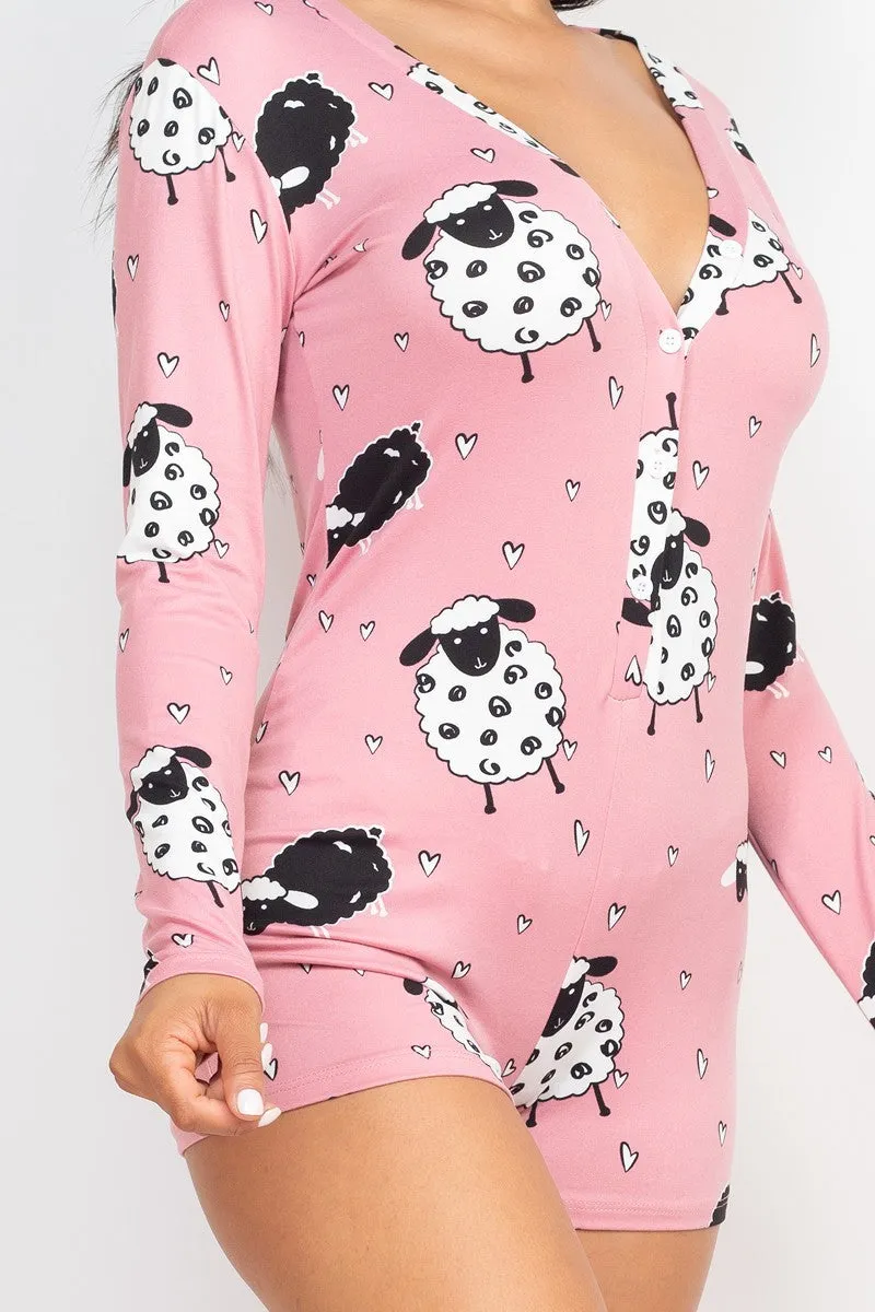 Sheep Print V-neck Button Romper - 4 colors - Ships from The US