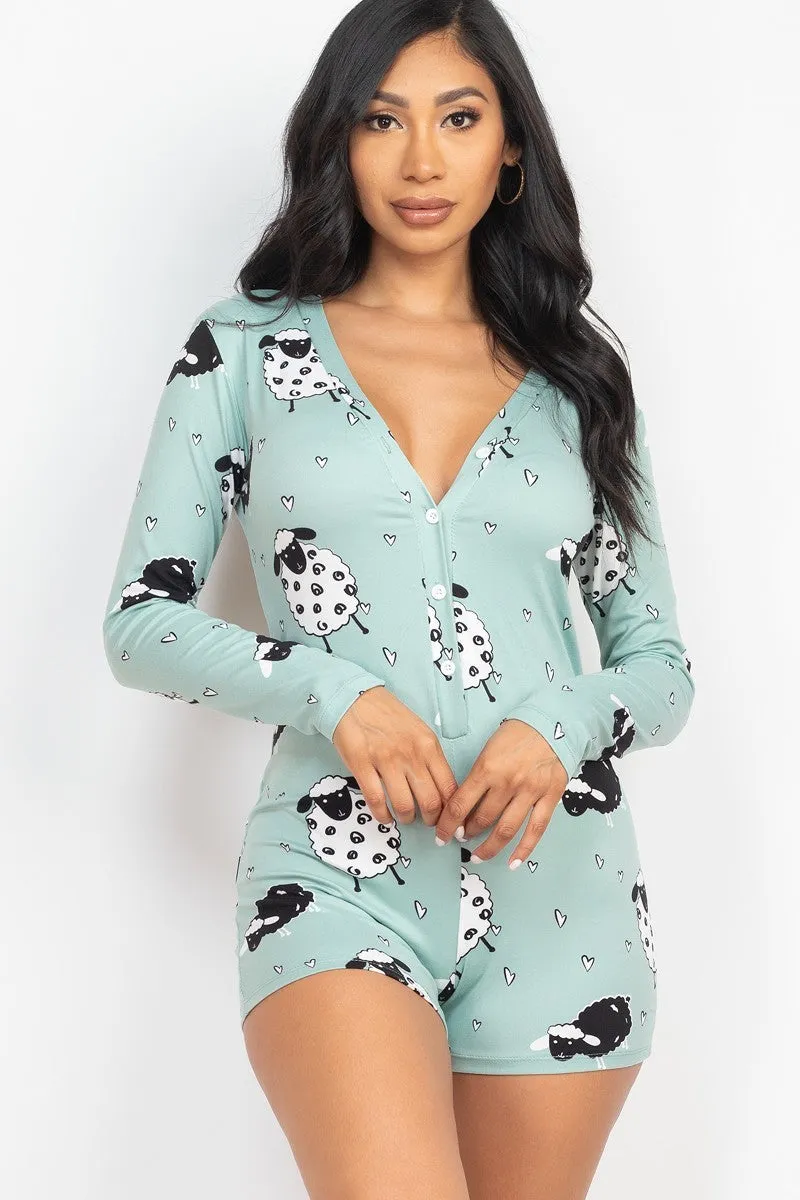 Sheep Print V-neck Button Romper - 4 colors - Ships from The US