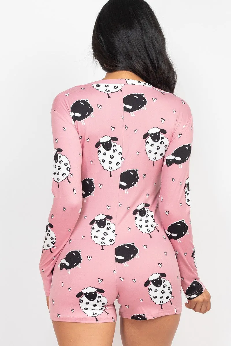 Sheep Print V-neck Button Romper - 4 colors - Ships from The US