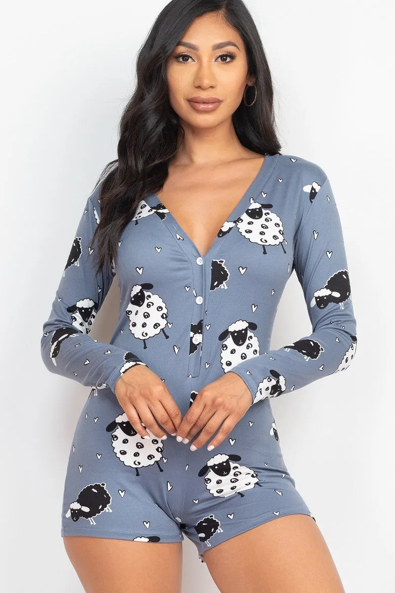 Sheep Print V-neck Button Romper - 4 colors - Ships from The US