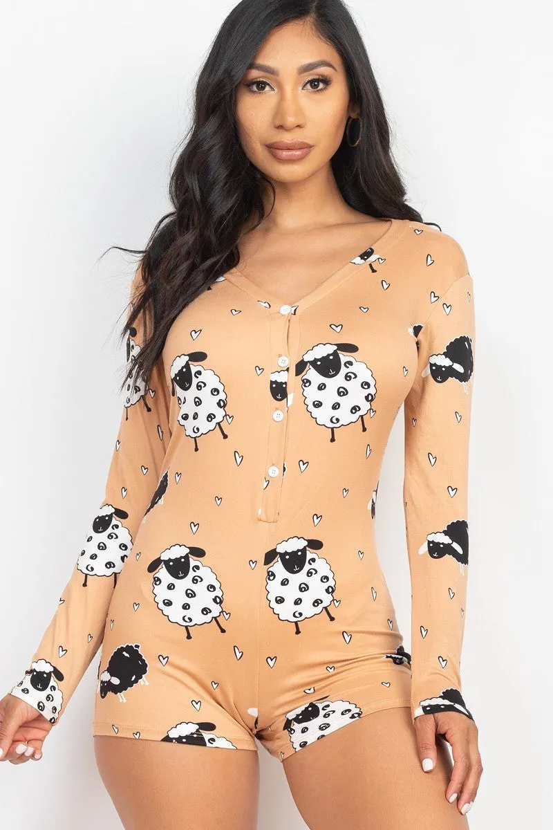 Sheep Print V-neck Button Romper - 4 colors - Ships from The US