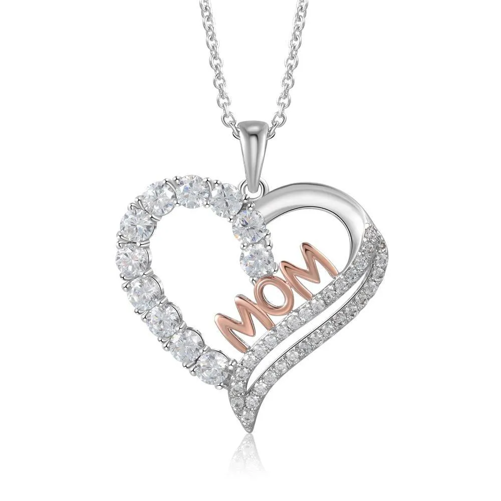 Silver Color Copper Necklace with Luxury Heart-Shaped CZ Paved Pendant, Fashion Jewelry Gift for Mother’s Day