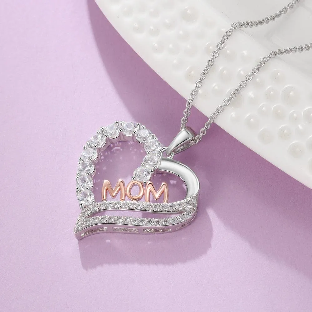 Silver Color Copper Necklace with Luxury Heart-Shaped CZ Paved Pendant, Fashion Jewelry Gift for Mother’s Day