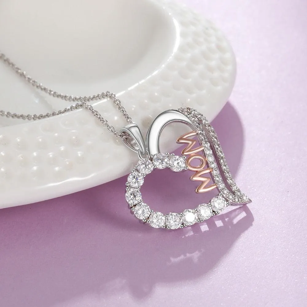 Silver Color Copper Necklace with Luxury Heart-Shaped CZ Paved Pendant, Fashion Jewelry Gift for Mother’s Day