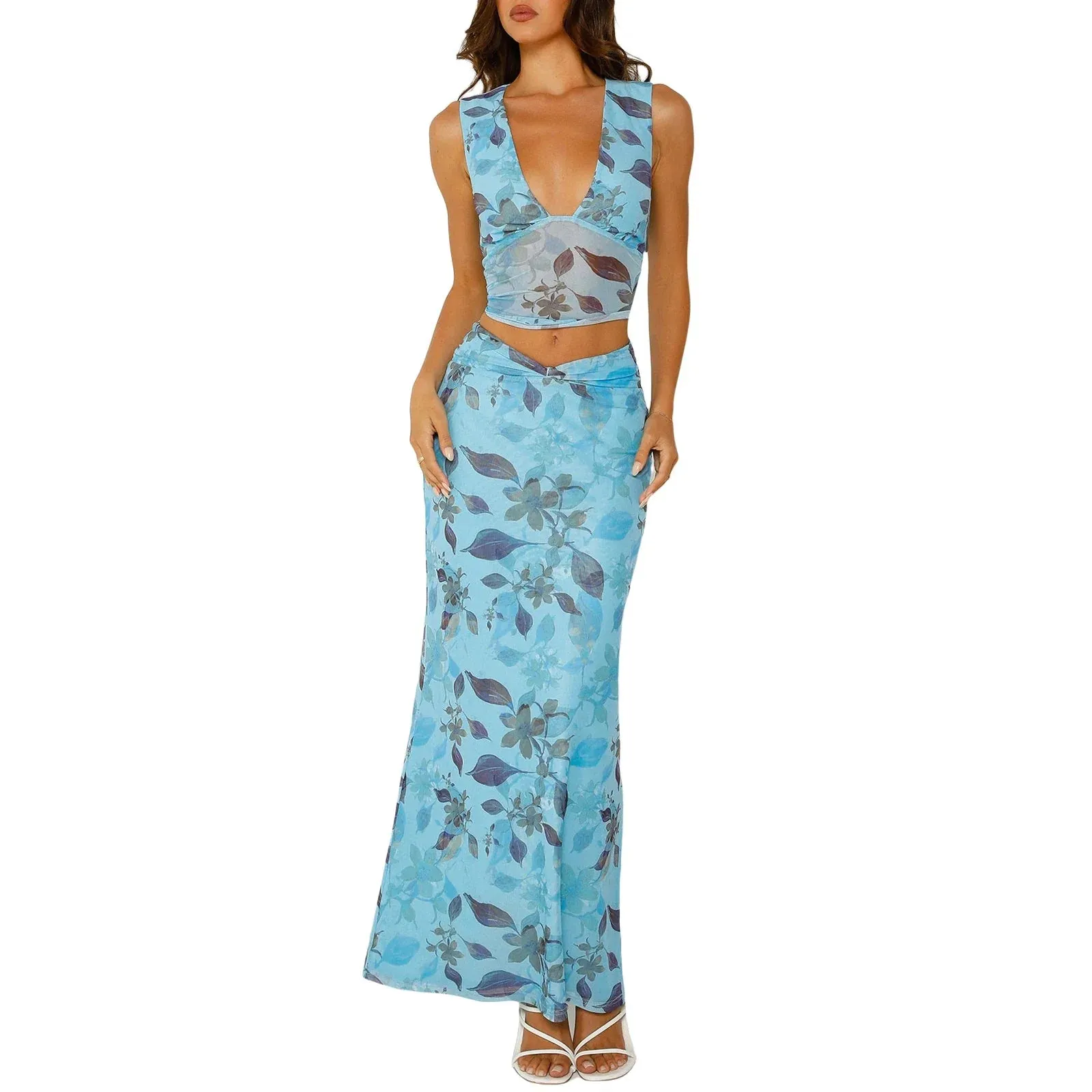 Skirt Set Summer 2 Piece Outfits Floral Print V-Neck Tank Tops High Waist Clubwear Casual Long Dress