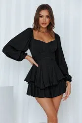 Solid Color Women Autumn Clothes Square Collar Lantern Long Sleeve One-Piece Ruffled Romper