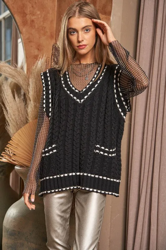 Solid V-Neck Sleeveless Pocket Detail Sweater