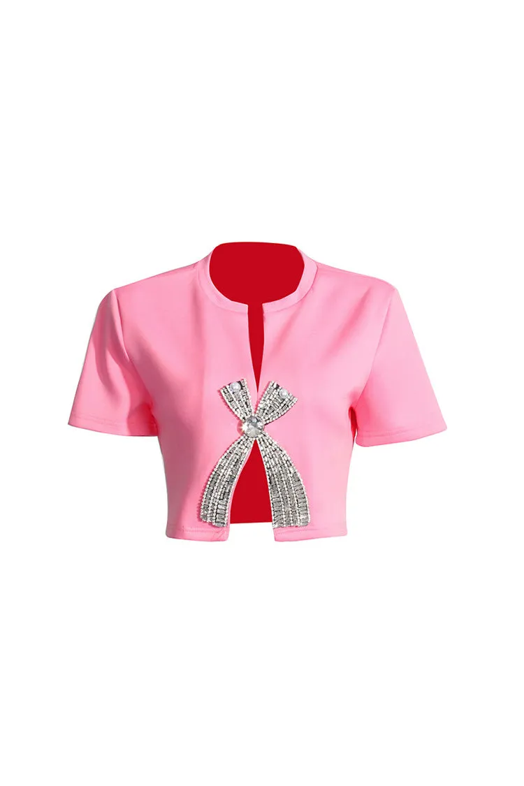 Sparkly Crew Neck Split Crystal Bow Embellished Short Sleeve Crop T Shirt