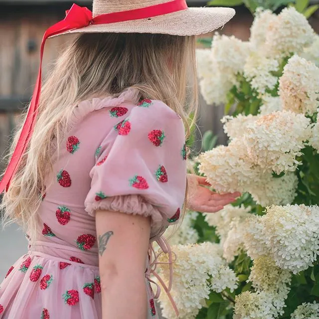 Sparkly Sequin Strawberry Midi Dress Ruffle Mesh Tulle Ball Gown