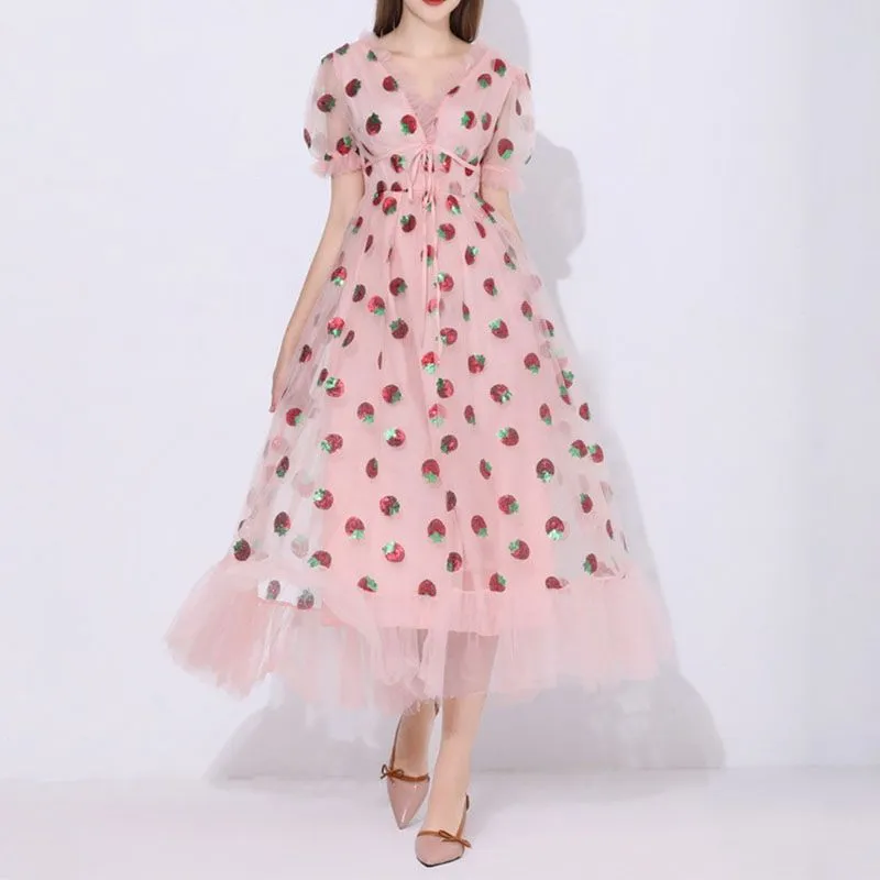 Sparkly Sequin Strawberry Midi Dress Ruffle Mesh Tulle Ball Gown