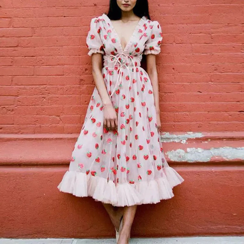 Sparkly Sequin Strawberry Midi Dress Ruffle Mesh Tulle Ball Gown