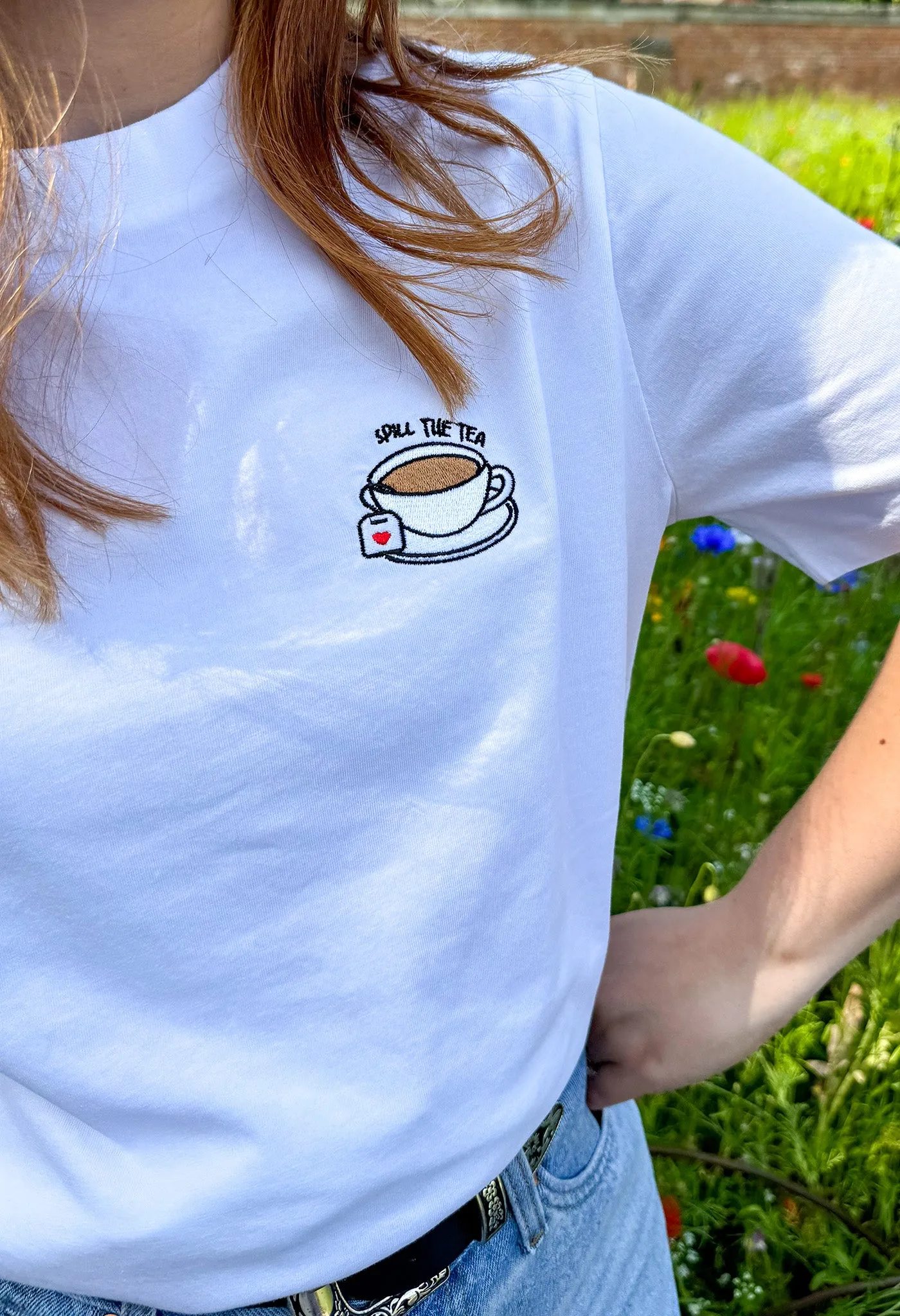 Spill The Tea Embroidered Organic Cotton T-Shirt