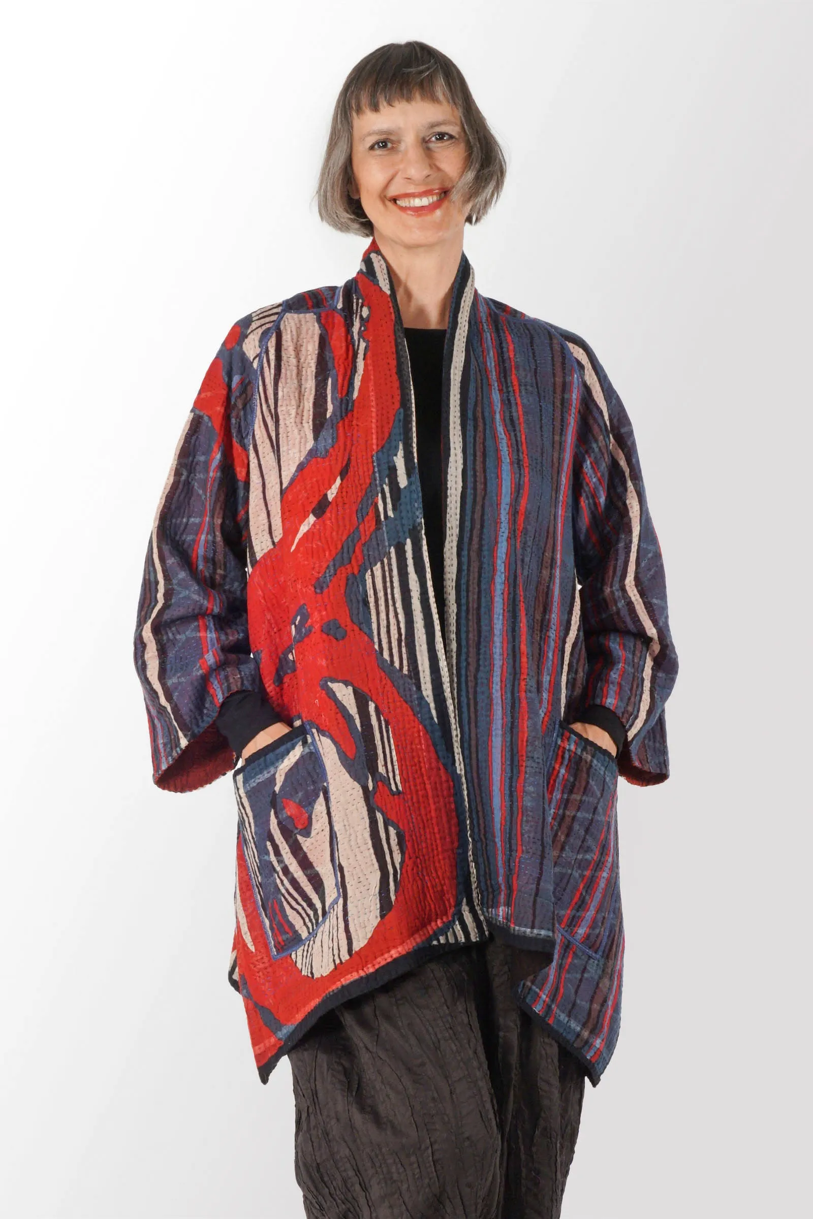 STRIPE AND BENDS KANTHA A-LINE JACKET - sb4003-red -