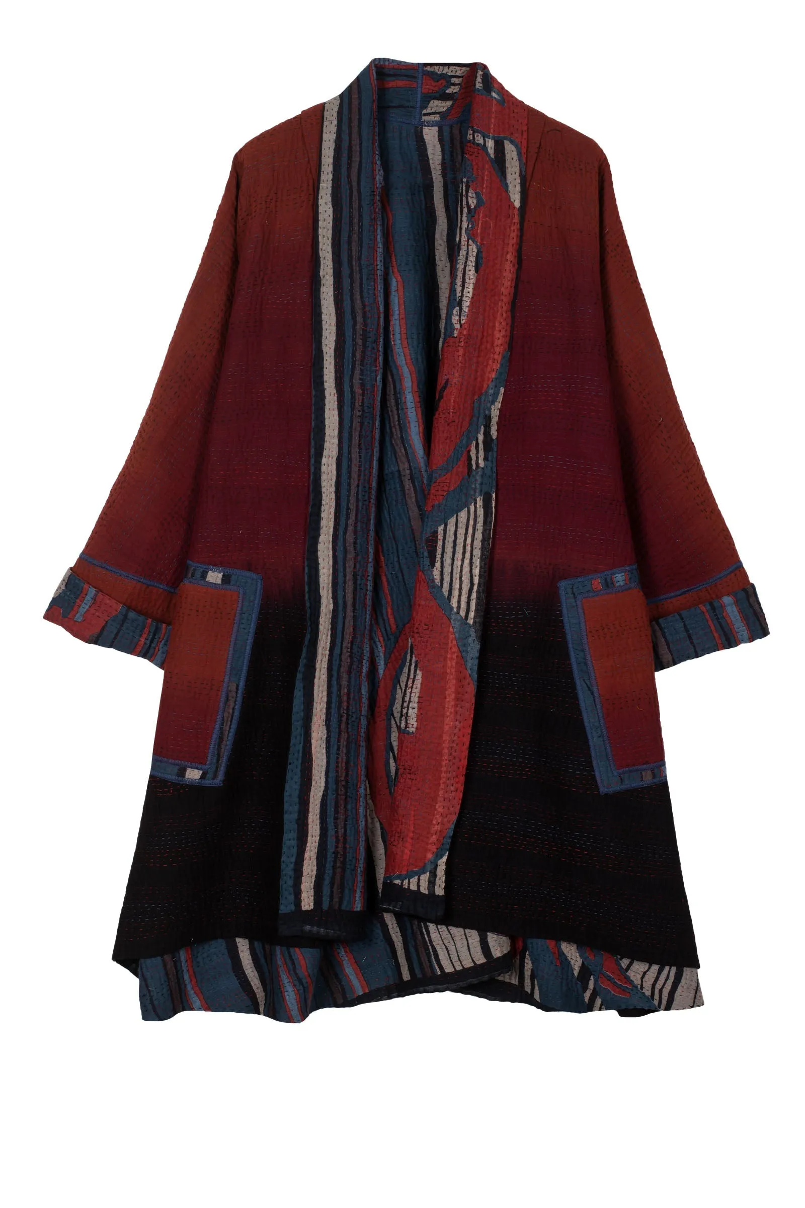 STRIPE AND BENDS KANTHA KIMONO LONG JACKET - sb4005-red -