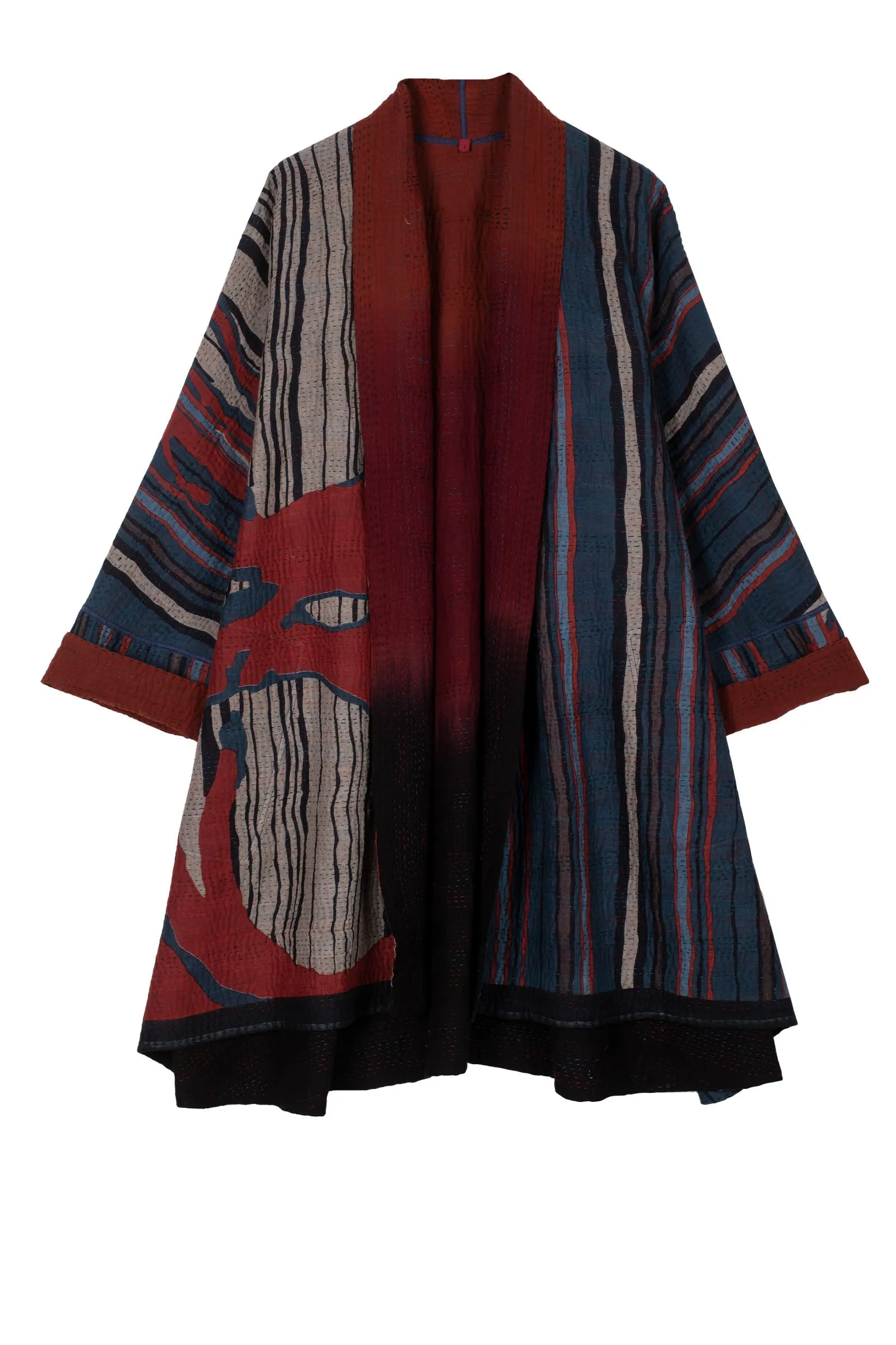 STRIPE AND BENDS KANTHA KIMONO LONG JACKET - sb4005-red -