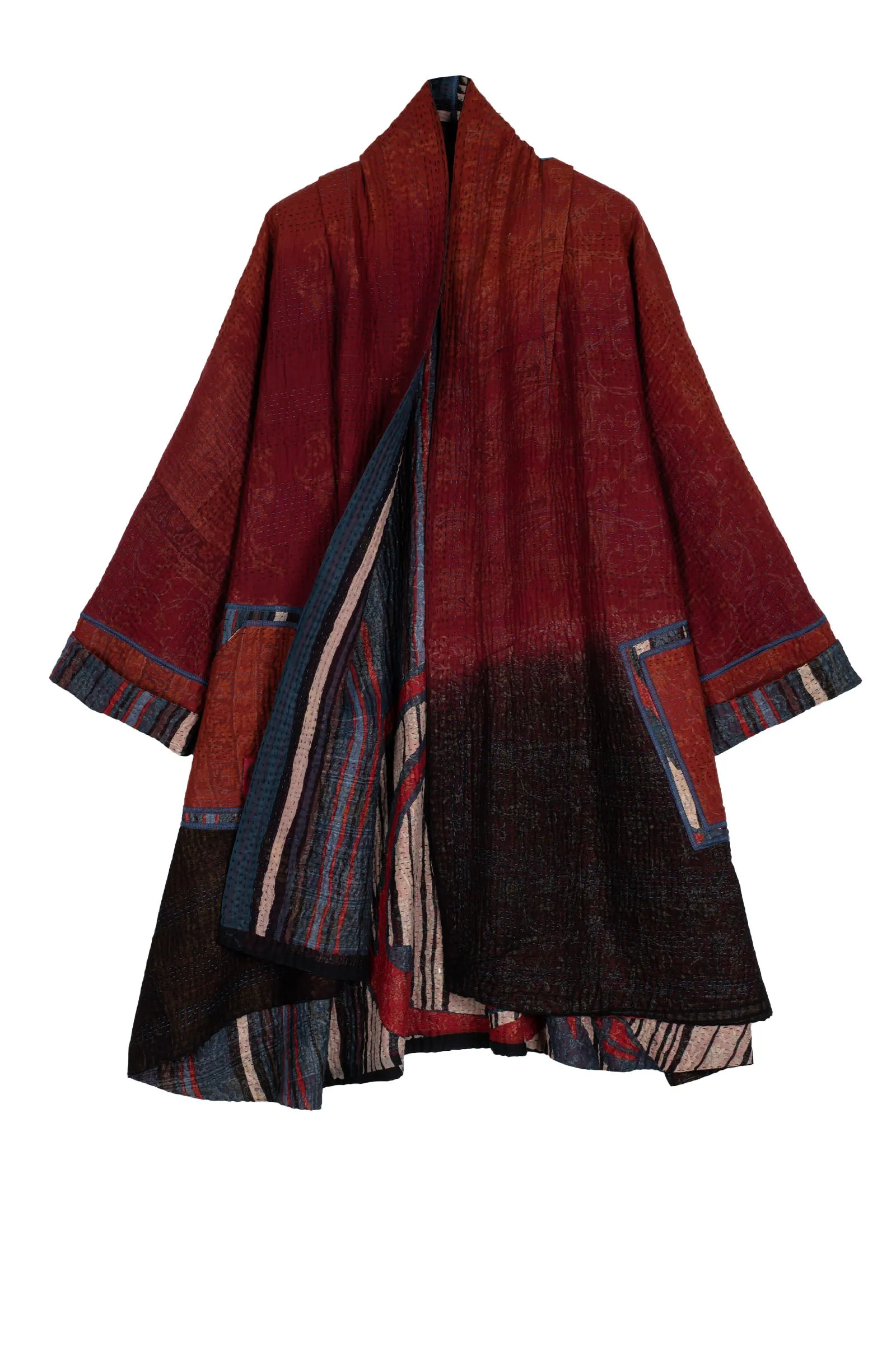 STRIPE AND BENDS KANTHA KIMONO LONG JACKET - sb4005-red -