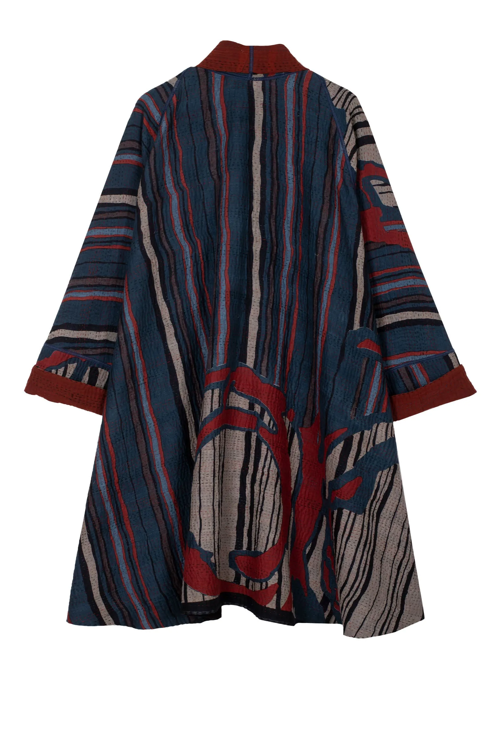 STRIPE AND BENDS KANTHA KIMONO LONG JACKET - sb4005-red -