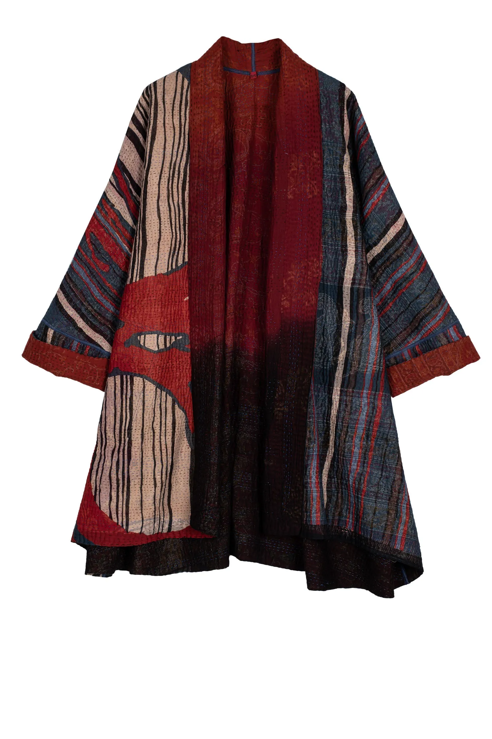 STRIPE AND BENDS KANTHA KIMONO LONG JACKET - sb4005-red -