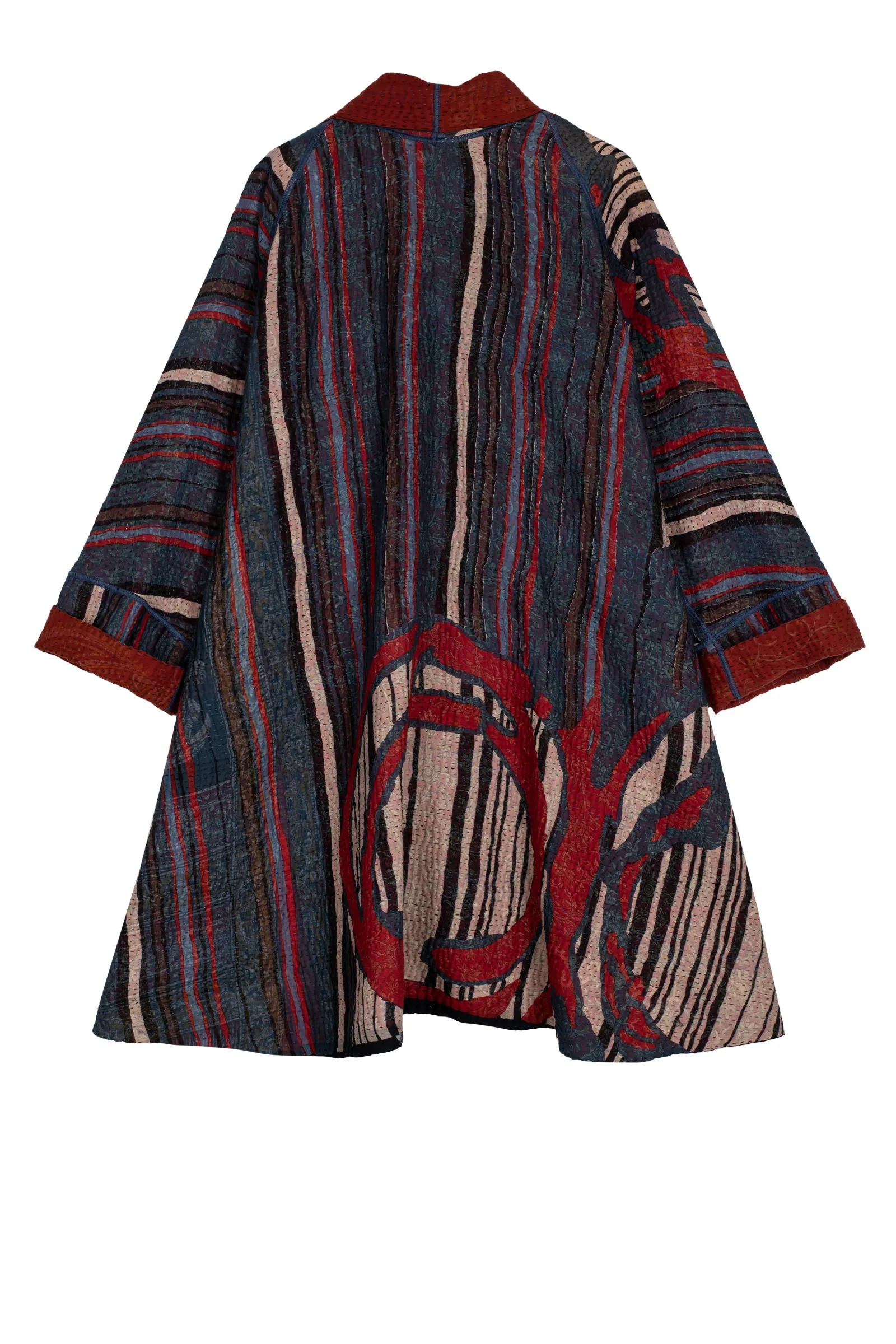 STRIPE AND BENDS KANTHA KIMONO LONG JACKET - sb4005-red -