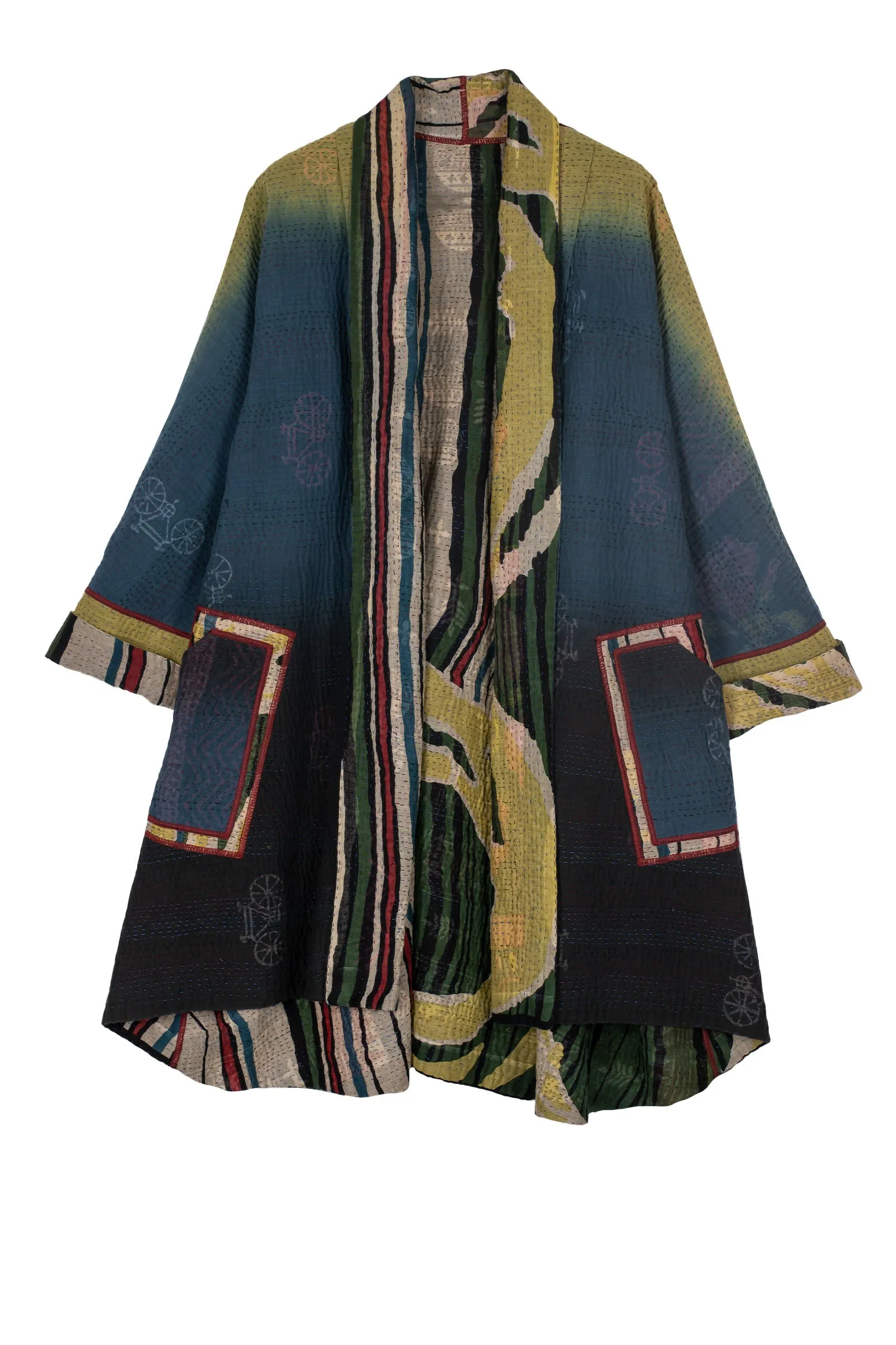 STRIPE AND BENDS KANTHA KIMONO LONG JACKET