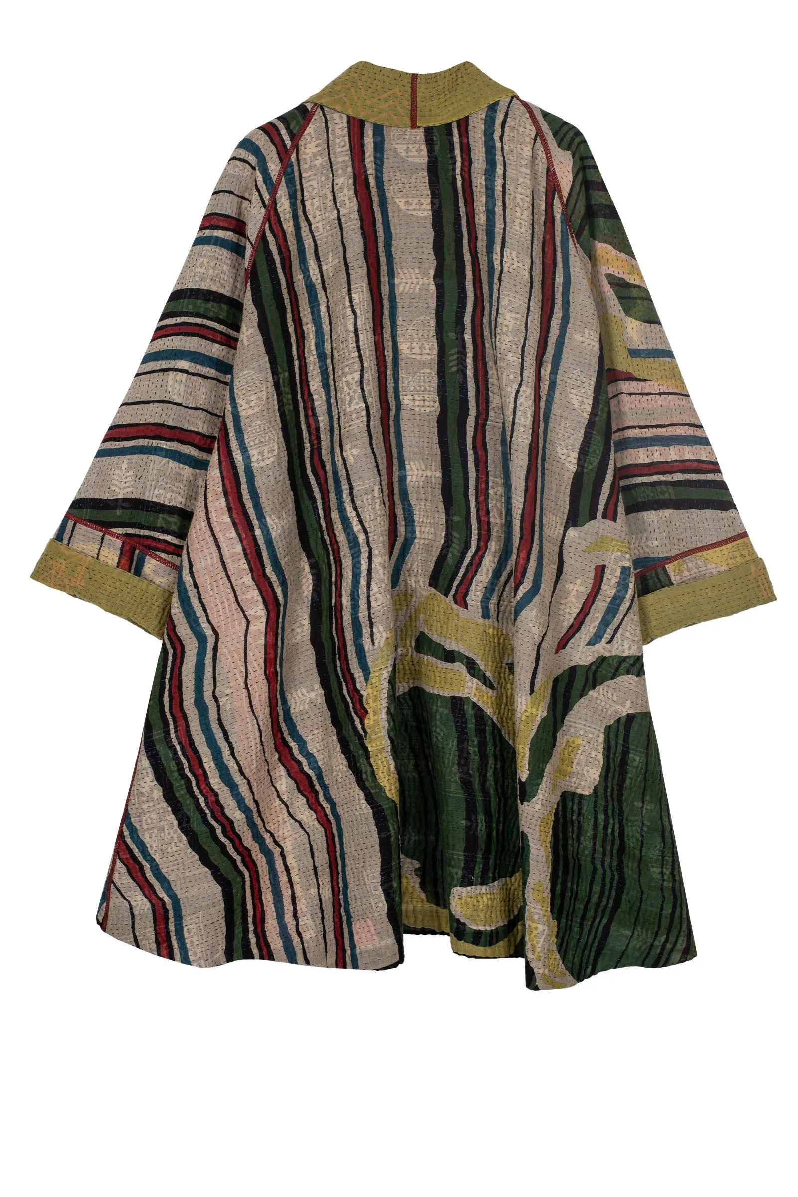 STRIPE AND BENDS KANTHA KIMONO LONG JACKET