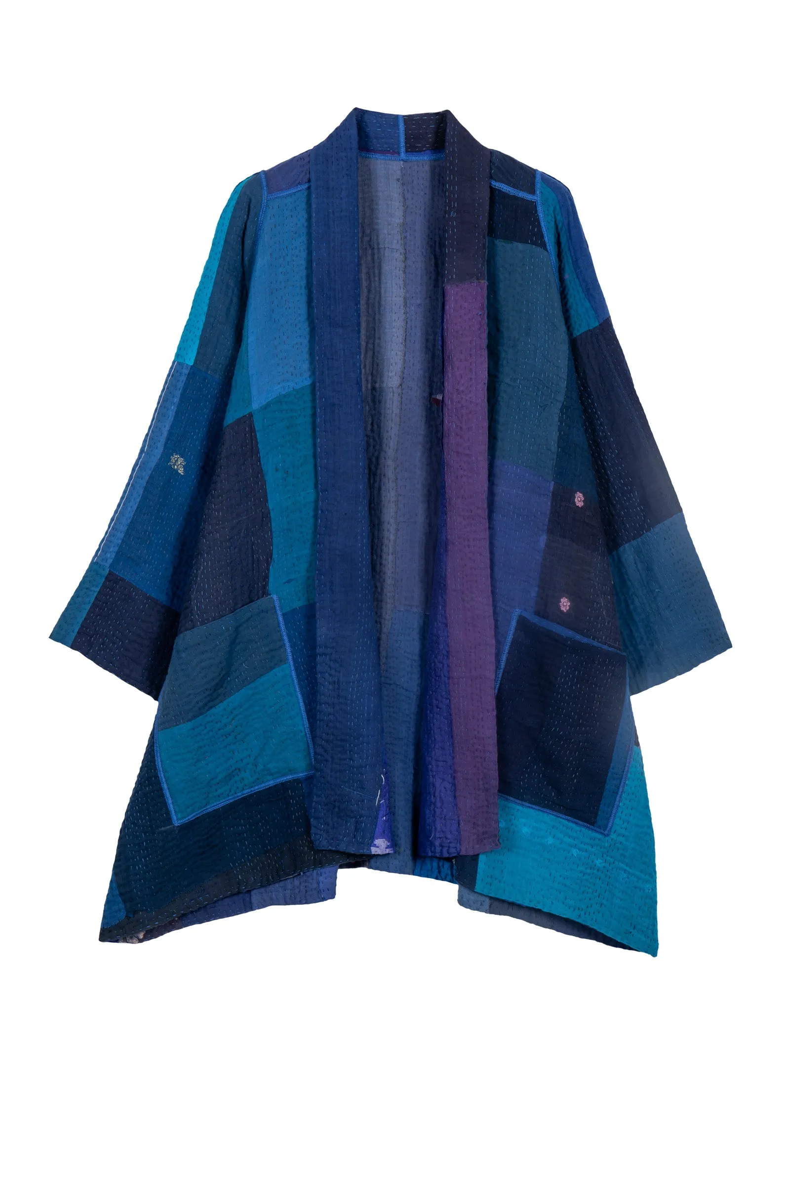 STRIPE AND CHECK COTTON SILK PATCH KANTHA A-LINE JACKET