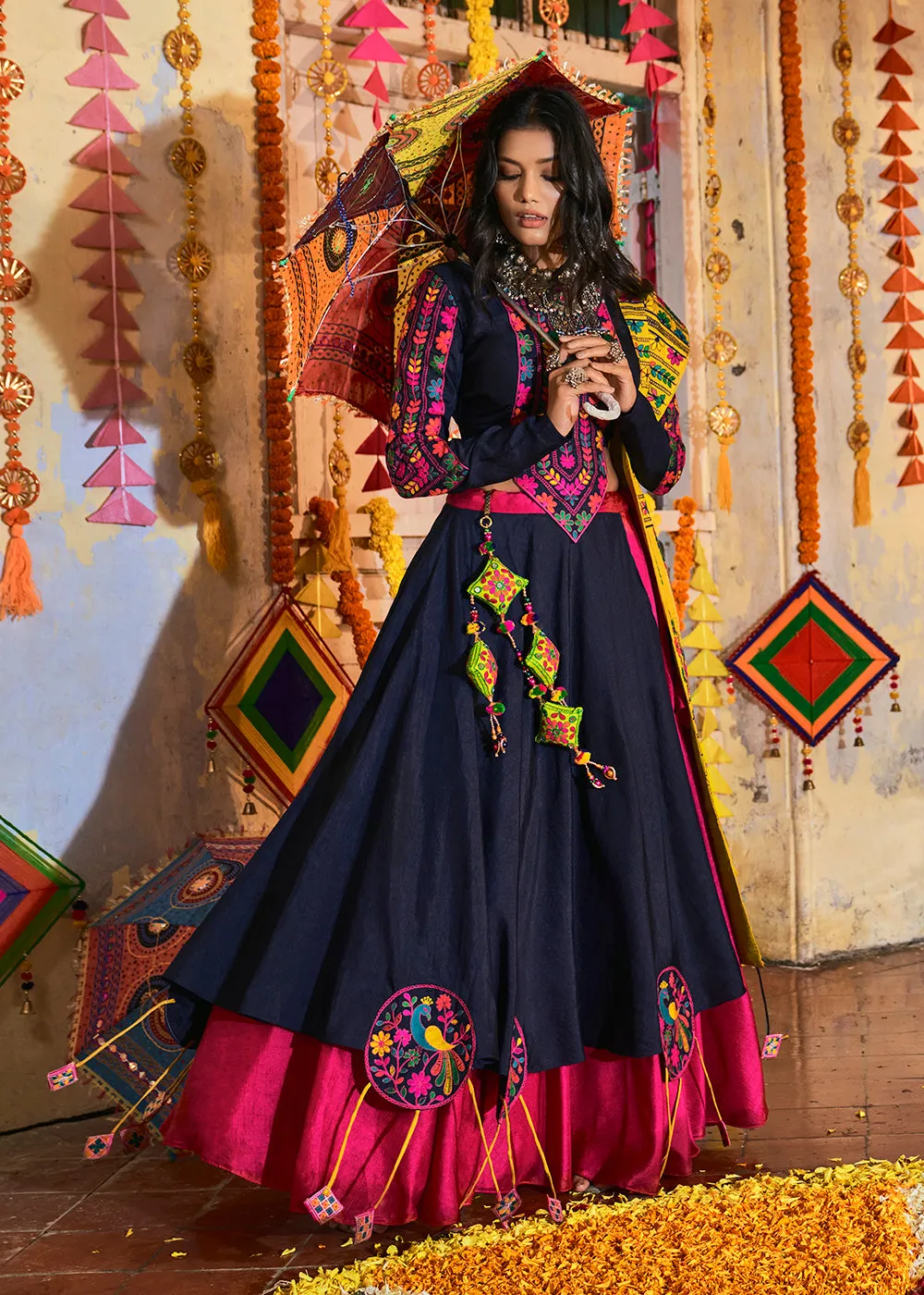 Stunning Pink & Navy Blue Silk Navratri Chaniya Choli