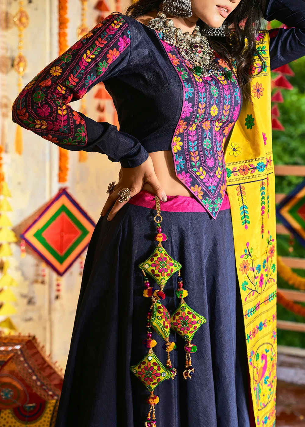 Stunning Pink & Navy Blue Silk Navratri Chaniya Choli