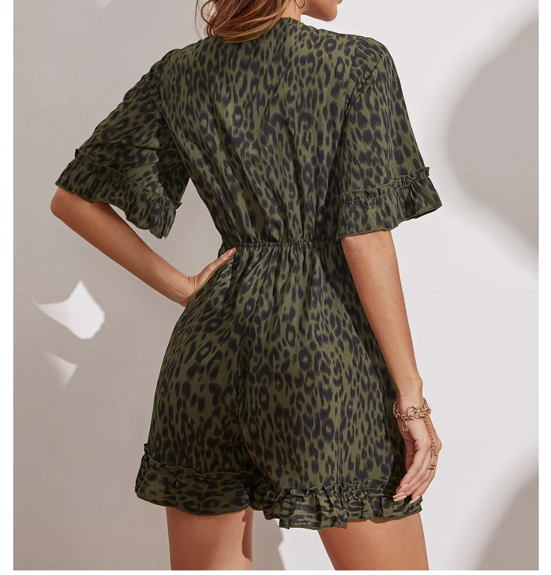 Summer Dark Green Bell Sleeve V neck Romper