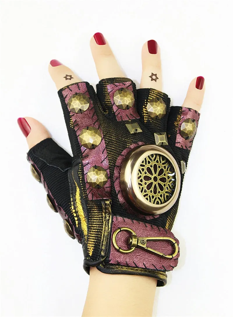 Takerlama Steampunk Gear Leather Punk Gloves Vintage Gothic Unisex Cosplay Gloves Medieval Accessory Half Finger Gloves