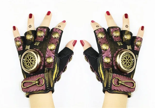 Takerlama Steampunk Gear Leather Punk Gloves Vintage Gothic Unisex Cosplay Gloves Medieval Accessory Half Finger Gloves