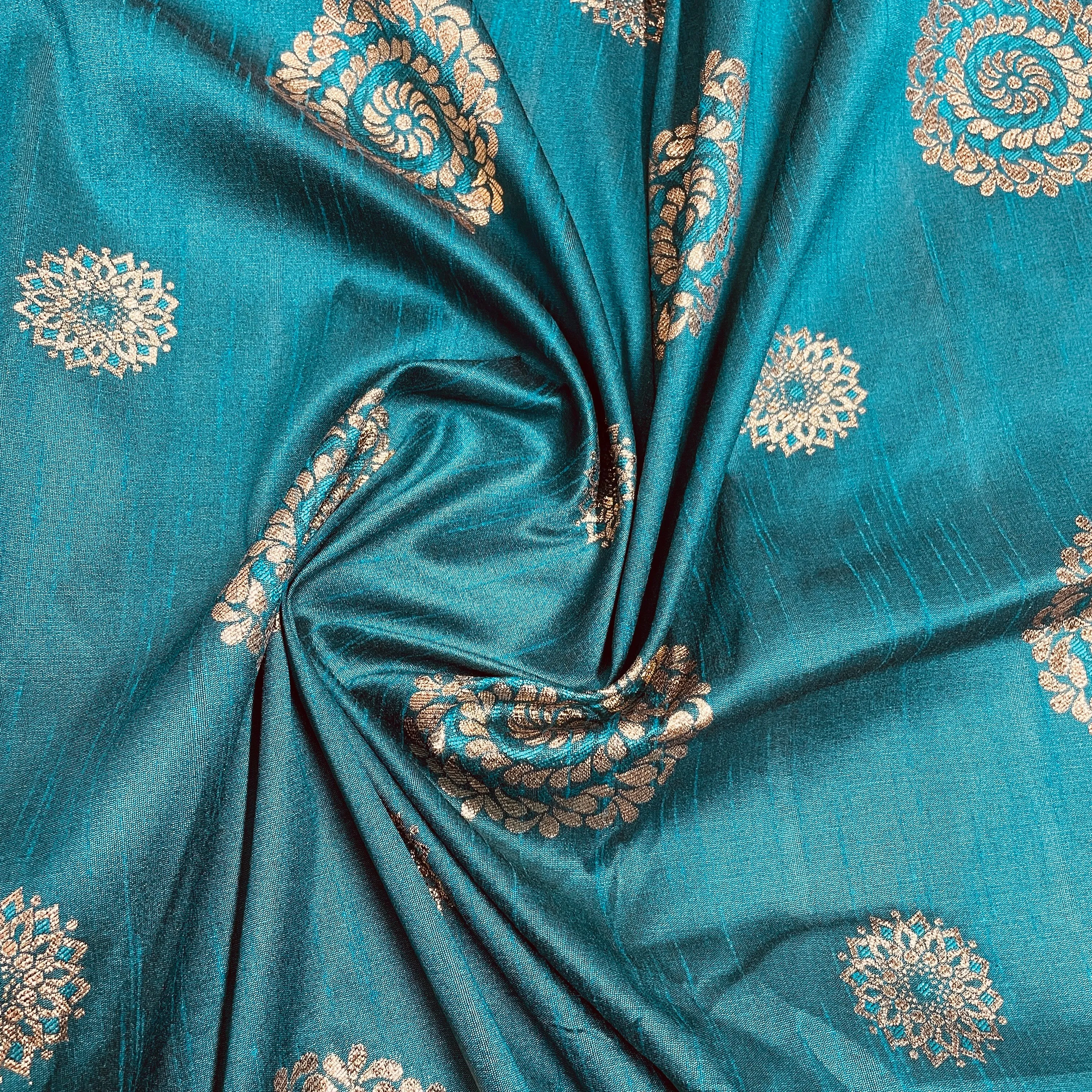 Teal Blue Floral With Gold Foil Dupion Silk Fabric