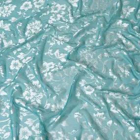 Teal blue Premim pure silk chiffon fabric with silver jacquard in floral design-D15318