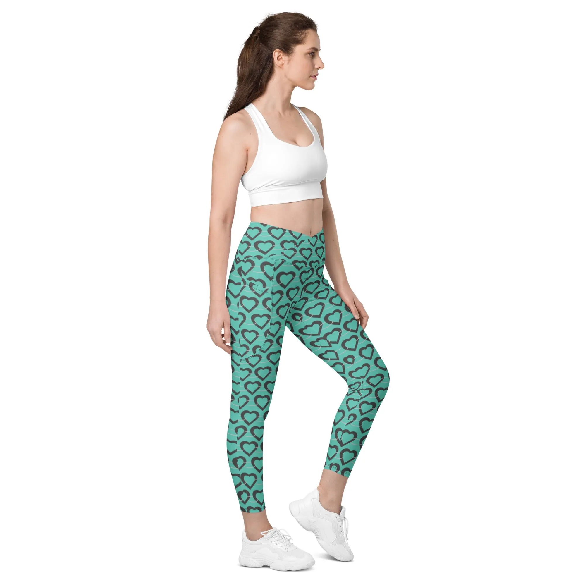 Teal Heart Chain Crossover leggings with pockets