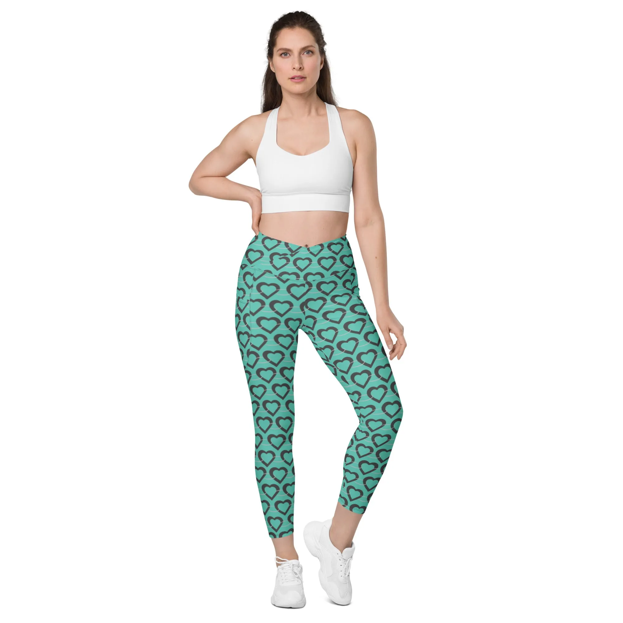 Teal Heart Chain Crossover leggings with pockets