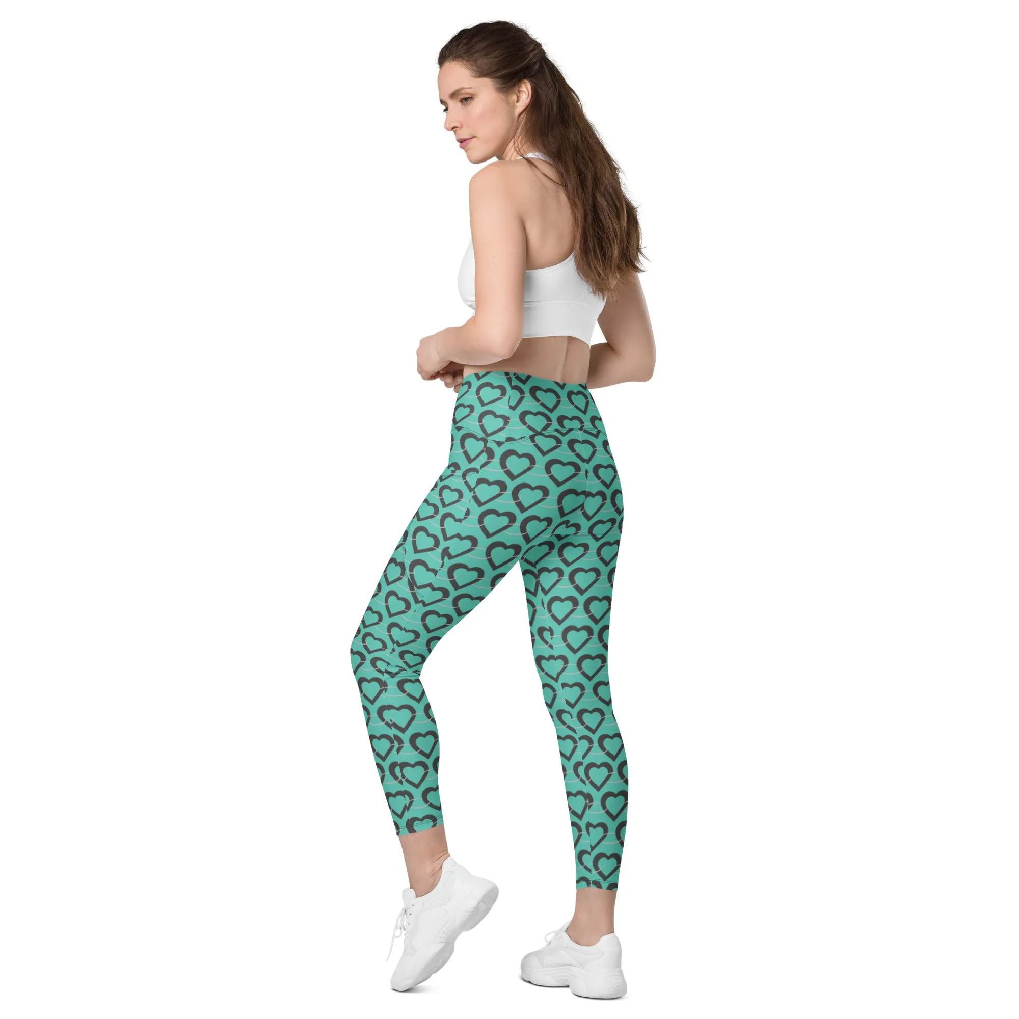 Teal Heart Chain Crossover leggings with pockets