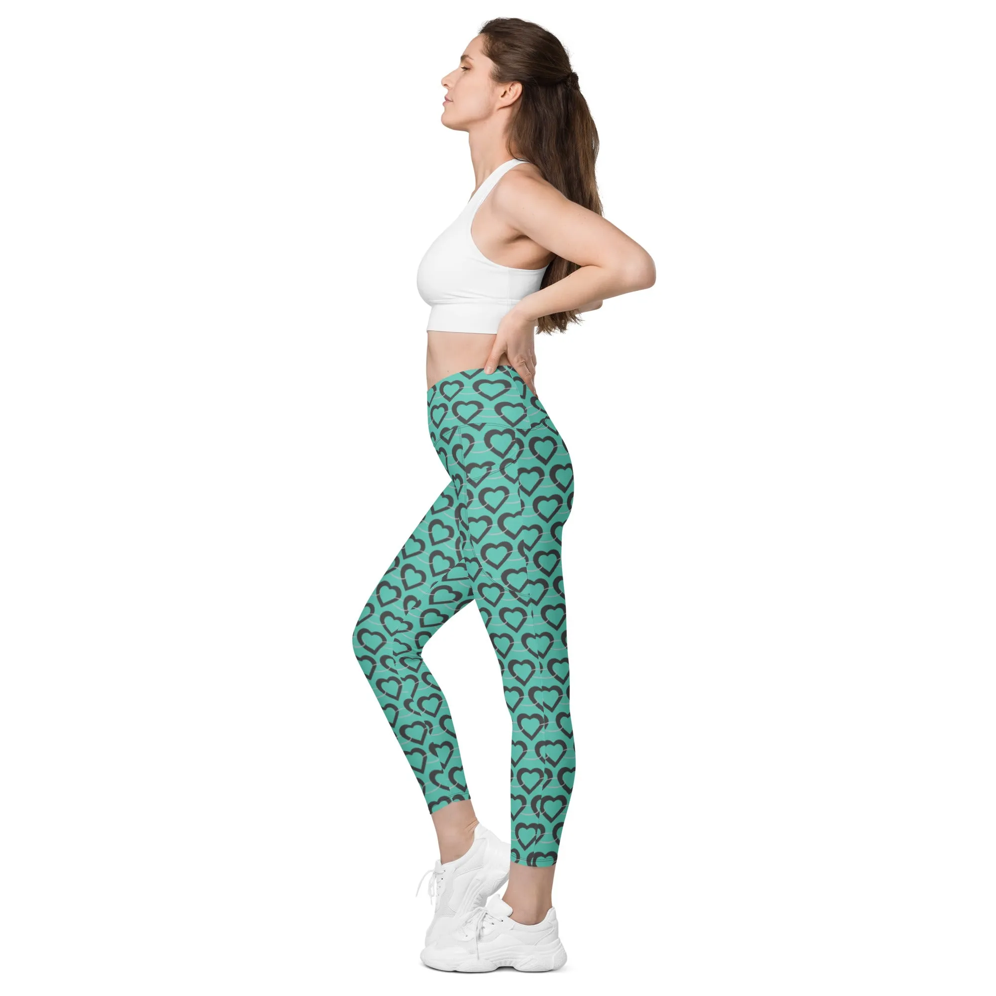 Teal Heart Chain Crossover leggings with pockets