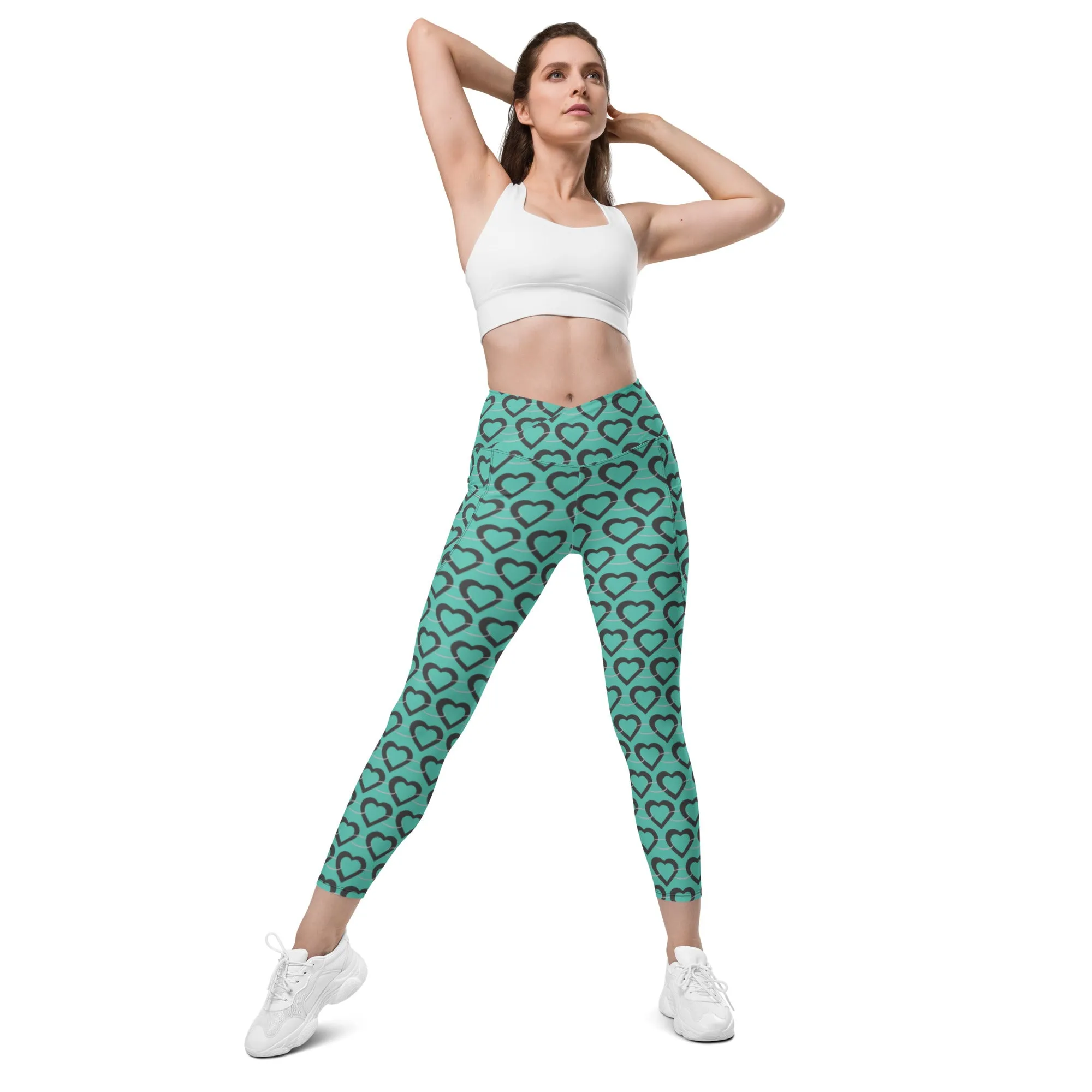 Teal Heart Chain Crossover leggings with pockets