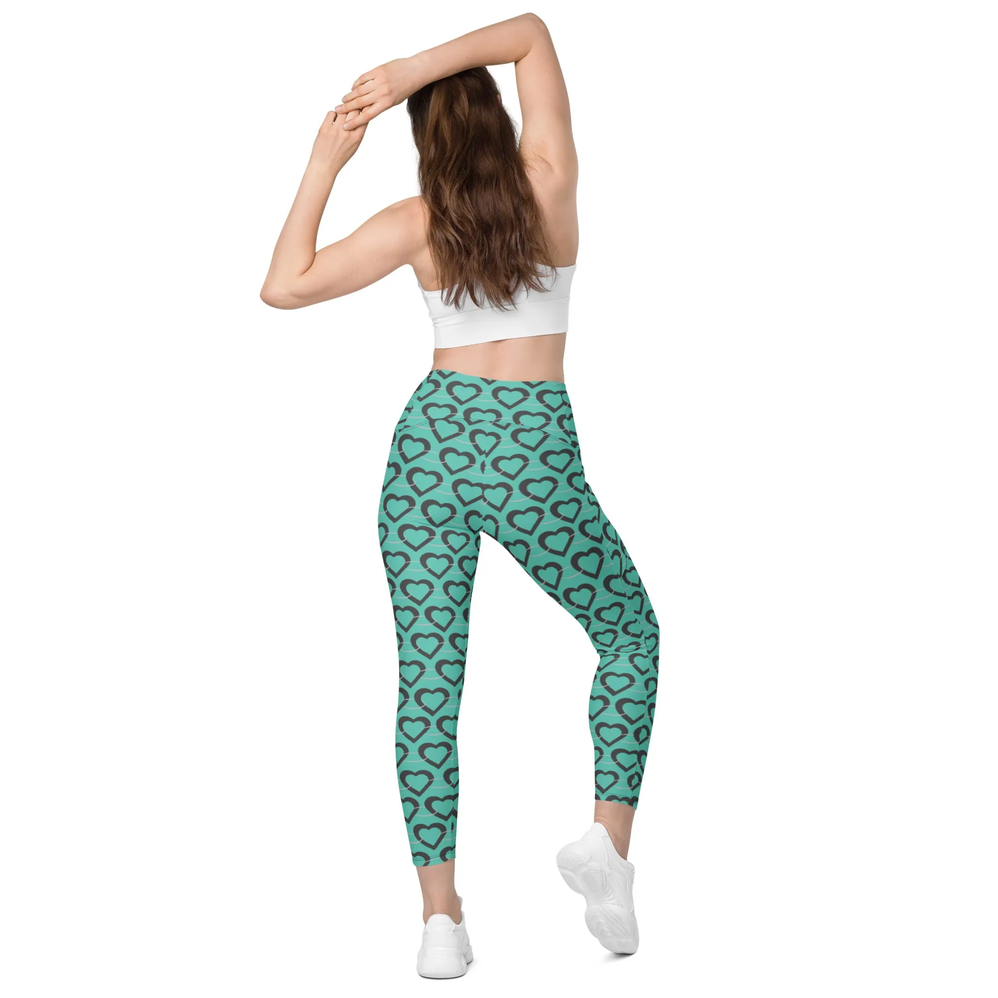 Teal Heart Chain Crossover leggings with pockets