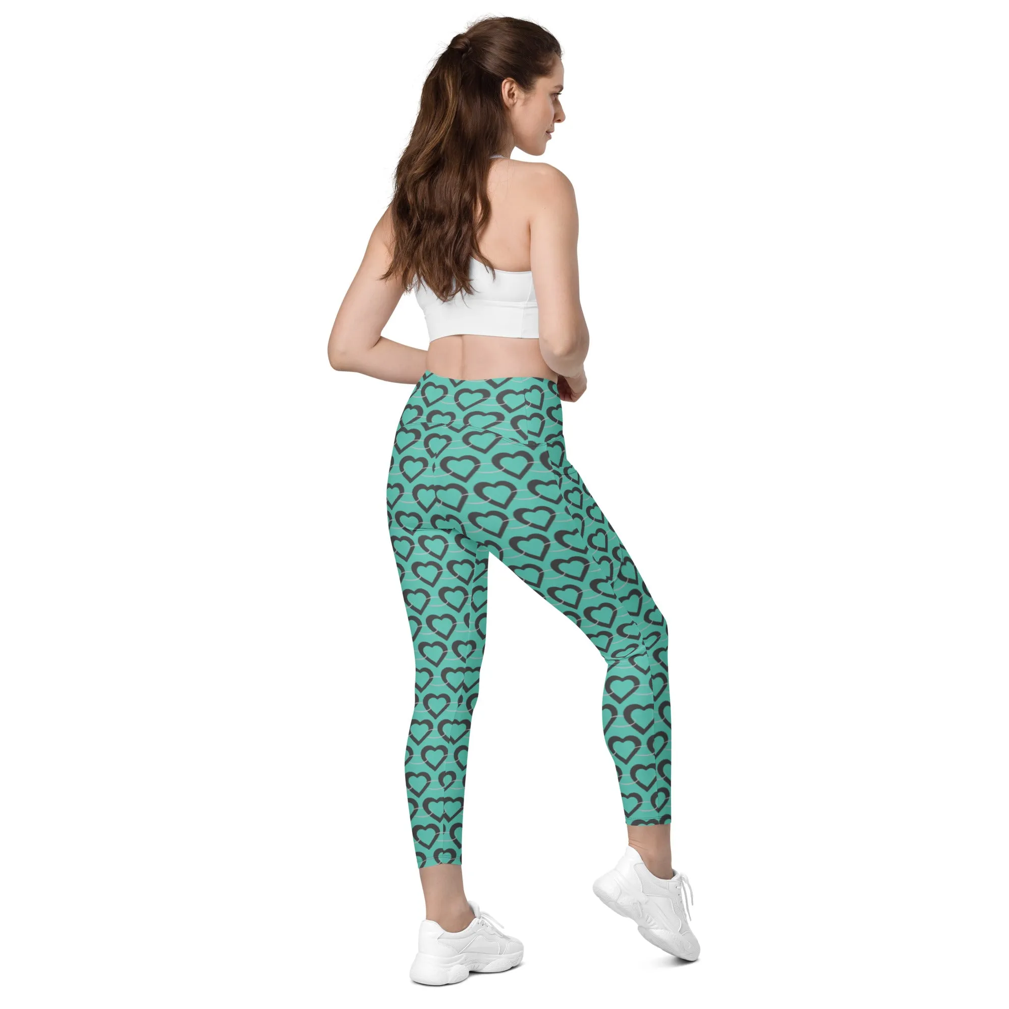 Teal Heart Chain Crossover leggings with pockets